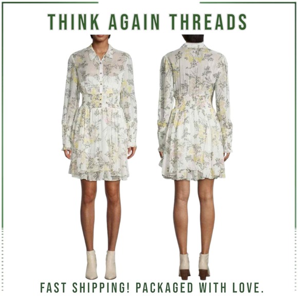Free People Dresses & Skirts - Free People Fake Pretend Floral Smocked Puff-Sleeve Dress Ivory Size XS
